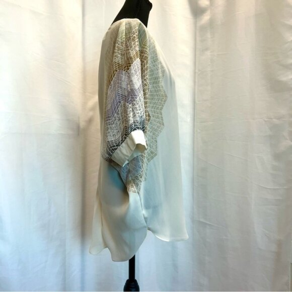 Madison Paige cream web sleeve bat wing front tie blouse semi sheer Sz L - Picture 7 of 15